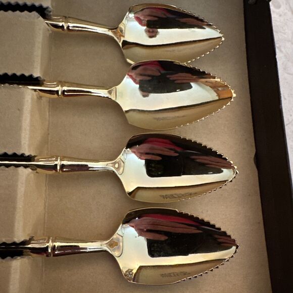 Supreme Cutlery 4 Gold Electroplated Grapefruit Fruit Spoons Bamboo, Boxed Set - Picture 6 of 9